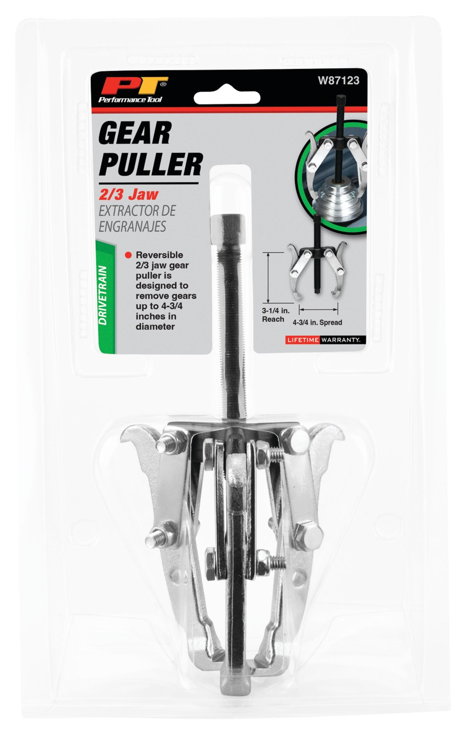 Performance Tool Gear Puller, 4-3/4 Inch Jaw Spread, 2/ 3 Jaw, Chrome Vanadium Steel, 3-1/4 Inch Reach – W87123