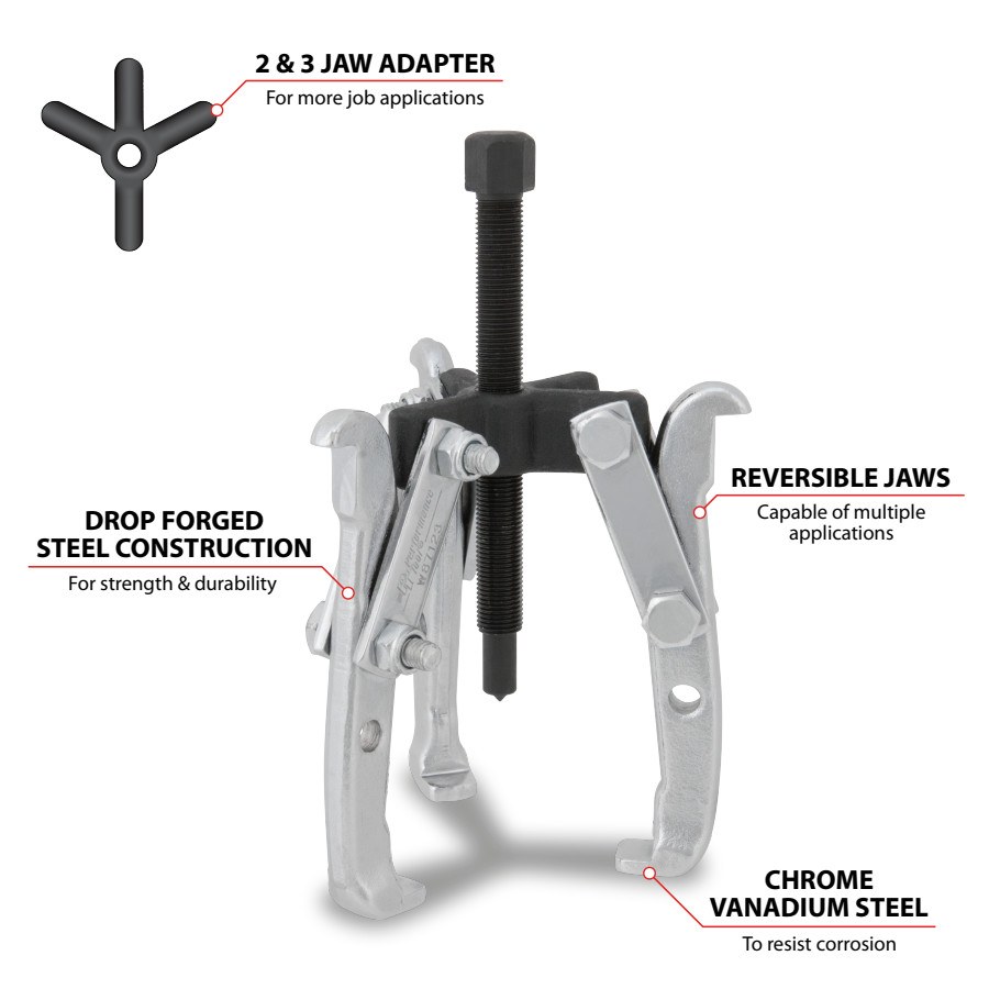 Performance Tool Gear Puller, 4-3/4 Inch Jaw Spread, 2/ 3 Jaw, Chrome Vanadium Steel, 3-1/4 Inch Reach – W87123