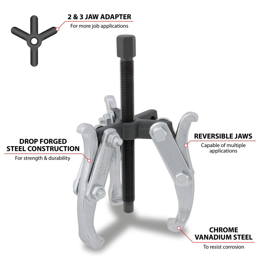Performance Tool Gear Puller, 7 Inch Jaw Spread, 2/ 3 Jaw, Chrome Vanadium Steel, 3-1/4 Inch Reach – W87126
