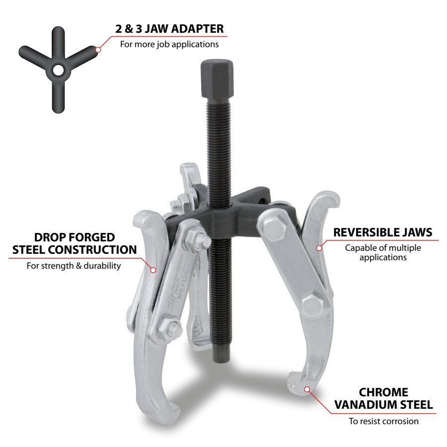 Performance Tool Gear Puller, 7 Inch Jaw Spread, 2/ 3 Jaw, Chrome Vanadium Steel, 5-1/4 Inch Reach – W87127