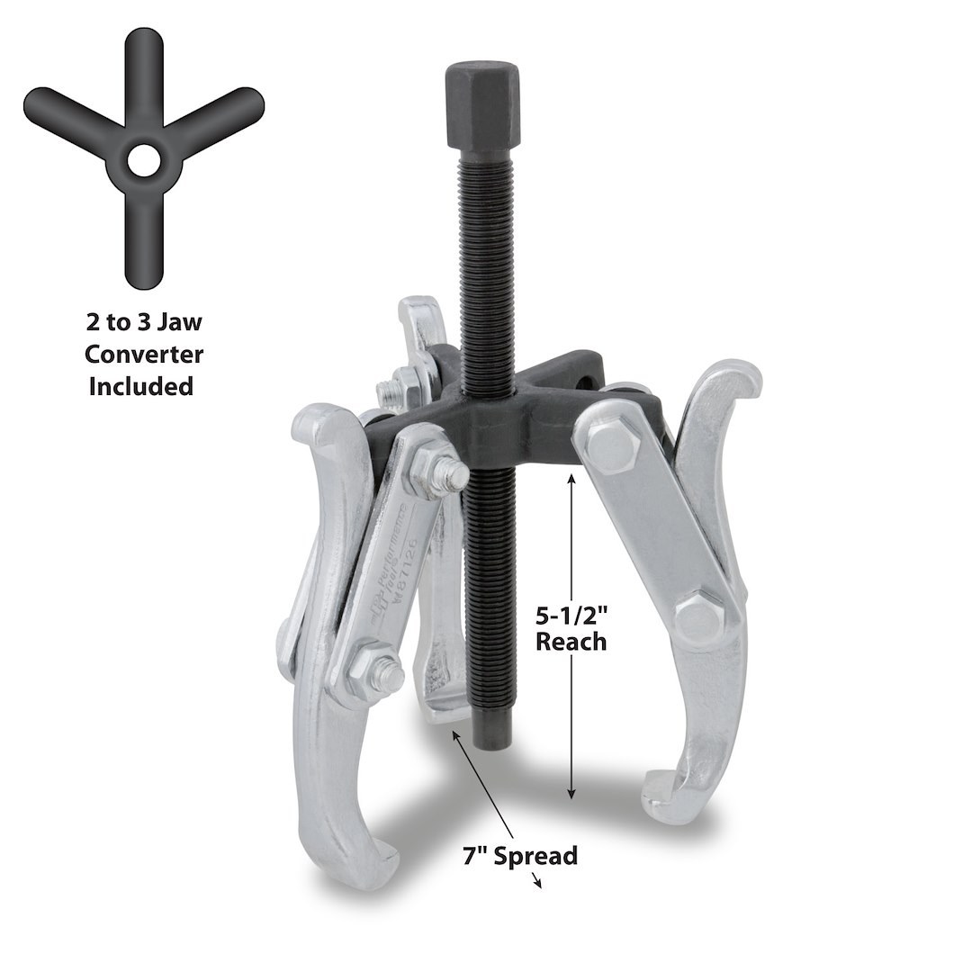 Performance Tool Gear Puller, 7 Inch Jaw Spread, 2/ 3 Jaw, Chrome Vanadium Steel, 5-1/4 Inch Reach – W87127