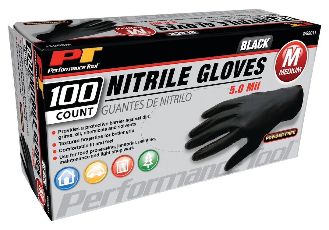 Performance Tool Gloves, Disposable, Medium, Nitrile, Black, Box of 100 – W89011