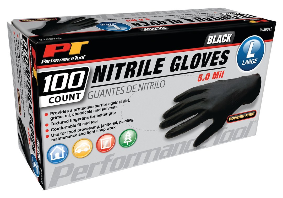 Performance Tool Gloves, Disposable, Large, Nitrile, Black, Box of 100 – W89012