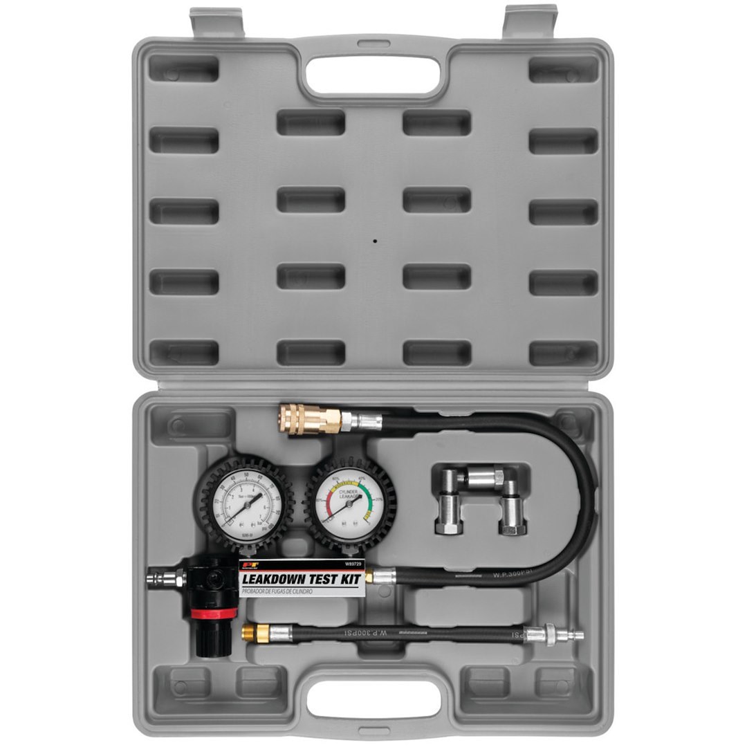 Performance Tool Cylinder Leakage Tester, Dual Gauge, With Adjustable Pressure Regulator/ 12 Millimeter and 14 Millimeter Thread Adapters – W89729
