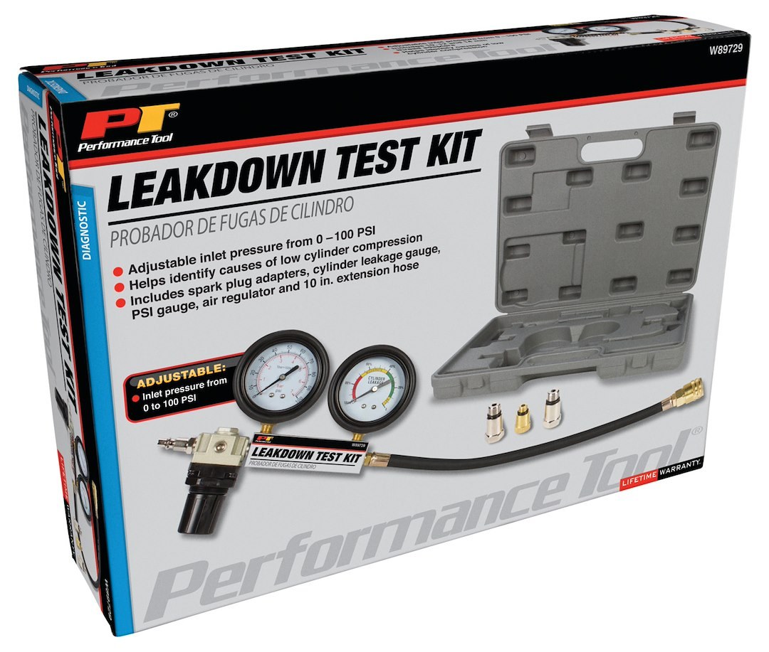 Performance Tool Cylinder Leakage Tester, Dual Gauge, With Adjustable Pressure Regulator/ 12 Millimeter and 14 Millimeter Thread Adapters – W89729