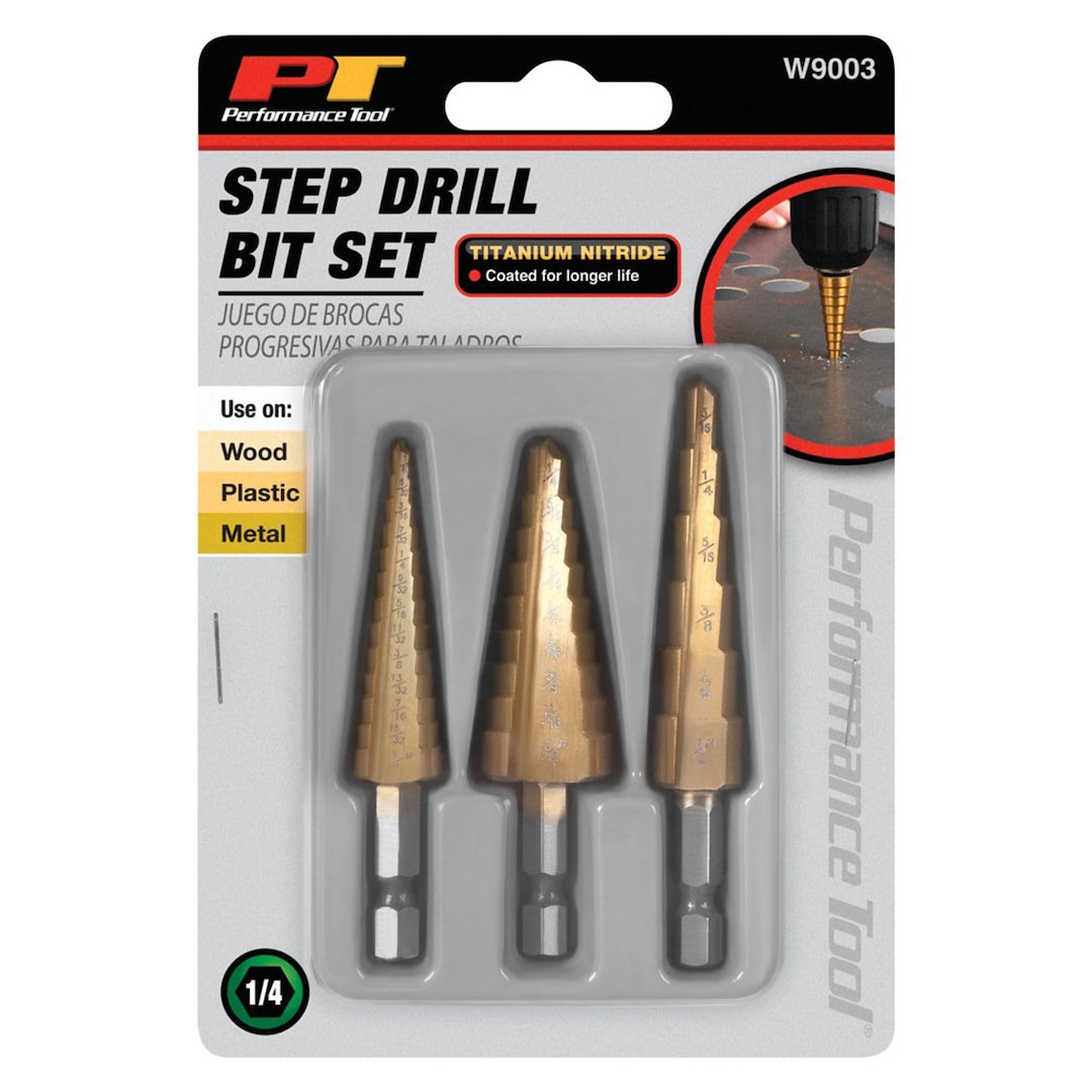 Performance Tool Drill Bit, Step Drill, 6 Step/ 9 Step/ 13 Step, Titanium Nitride Coated, Set of 3 – W9003