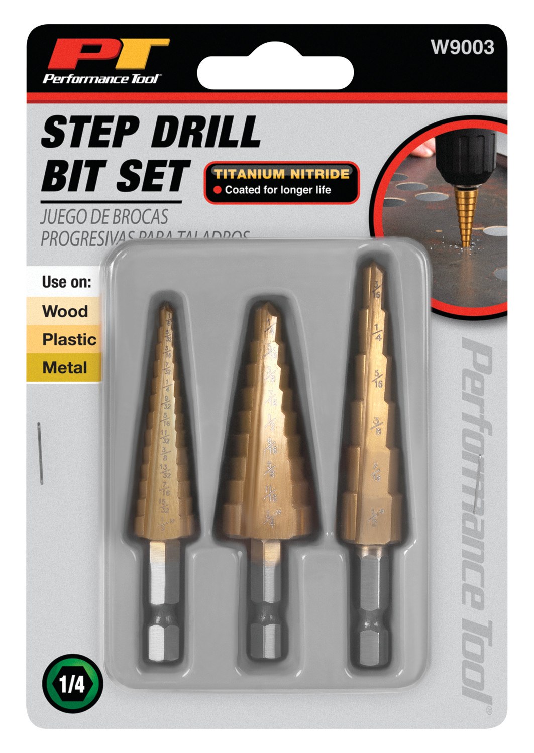 Performance Tool Drill Bit, Step Drill, 6 Step/ 9 Step/ 13 Step, Titanium Nitride Coated, Set of 3 – W9003