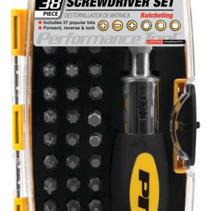 Performance Tool Screwdriver, Ratchet, Rubber Handle, Without Magnetic Tip, Set of 38 – W9159