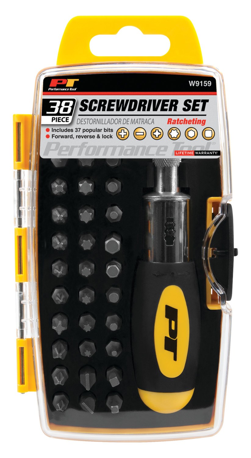 Performance Tool Screwdriver, Ratchet, Rubber Handle, Without Magnetic Tip, Set of 38 – W9159