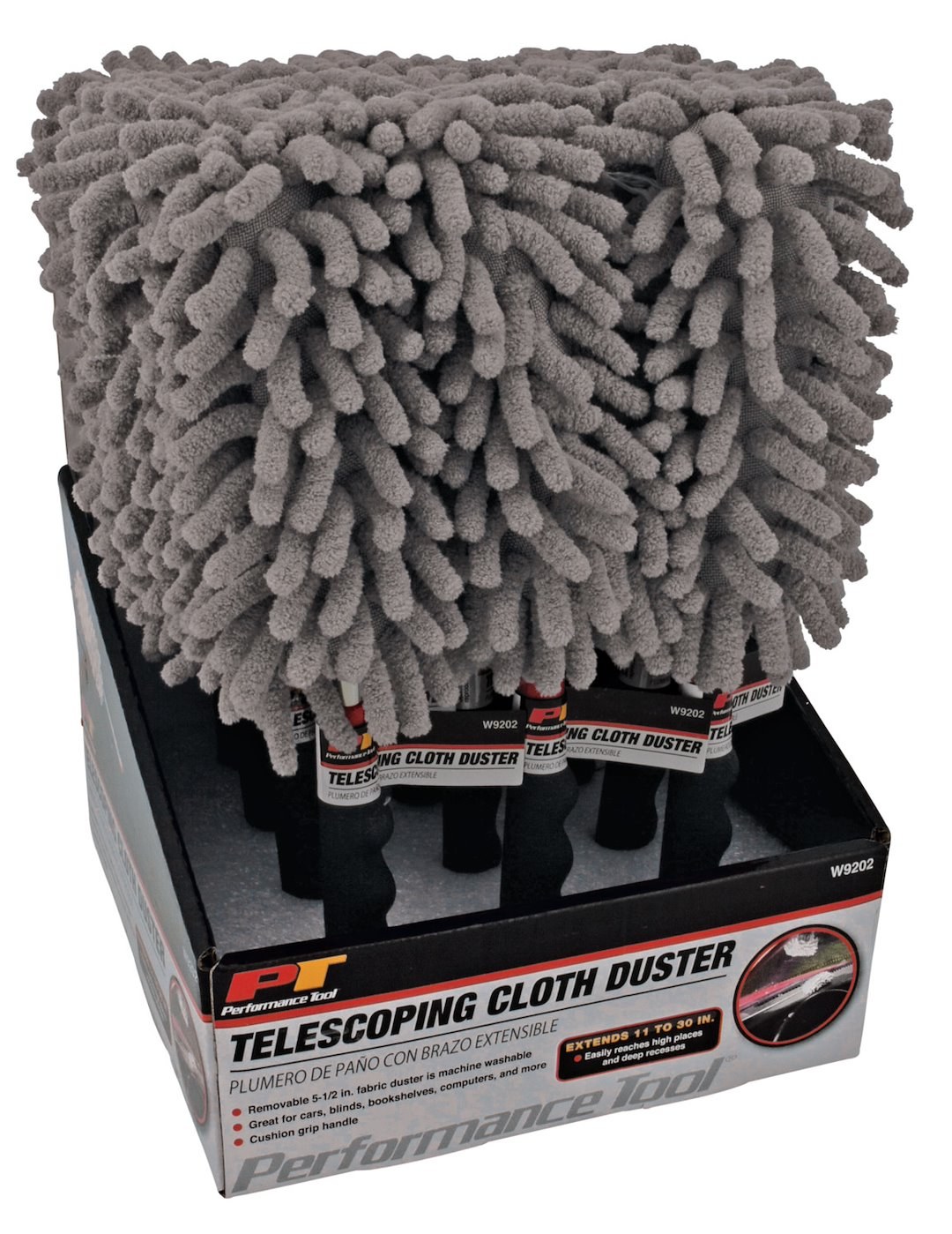 Performance Tool Car Duster, 11 Inch to 30 Inch Extended Length, 5-1/2 Inch Fabric, With Telescoping Cushion Grip Handle – W9202