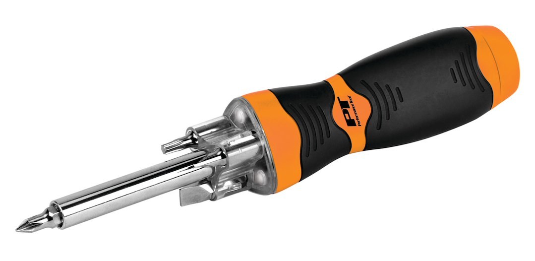 Performance Tool Screwdriver, LED Bit Driver, Ergonomic Non-Slip Molded Handle, With #1/ #2 Phillips Bits/ 3/16 Inch/ 1/4 Inch Slotted Bits – W9205