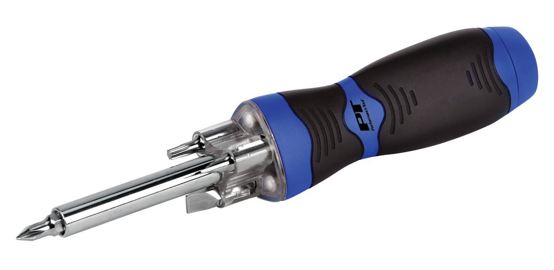 Performance Tool Screwdriver, LED Bit Driver, Ergonomic Non-Slip Molded Handle, With #1/ #2 Phillips Bits/ 3/16 Inch/ 1/4 Inch Slotted Bits – W9205