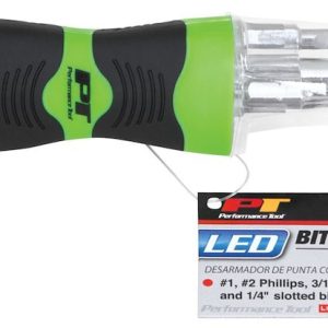 Performance Tool Screwdriver, LED Bit Driver, Ergonomic Non-Slip Molded Handle, With #1/ #2 Phillips Bits/ 3/16 Inch/ 1/4 Inch Slotted Bits – W9205