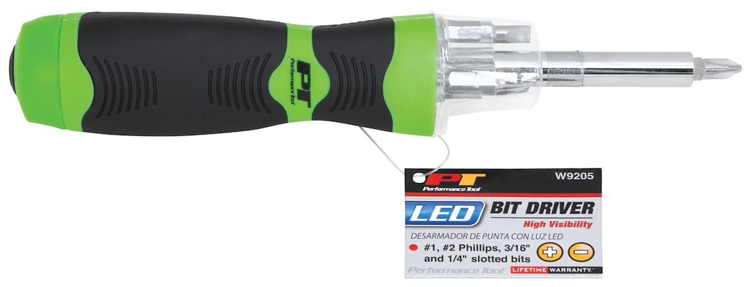Performance Tool Screwdriver, LED Bit Driver, Ergonomic Non-Slip Molded Handle, With #1/ #2 Phillips Bits/ 3/16 Inch/ 1/4 Inch Slotted Bits – W9205