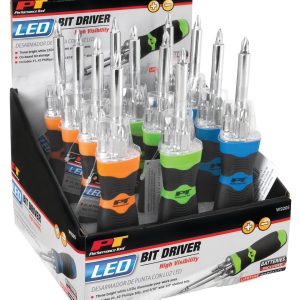 Performance Tool Screwdriver, LED Bit Driver, Ergonomic Non-Slip Molded Handle, With #1/ #2 Phillips Bits/ 3/16 Inch/ 1/4 Inch Slotted Bits – W9205