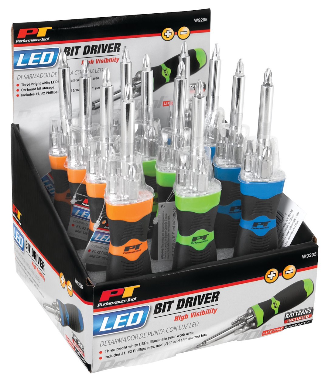 Performance Tool Screwdriver, LED Bit Driver, Ergonomic Non-Slip Molded Handle, With #1/ #2 Phillips Bits/ 3/16 Inch/ 1/4 Inch Slotted Bits – W9205