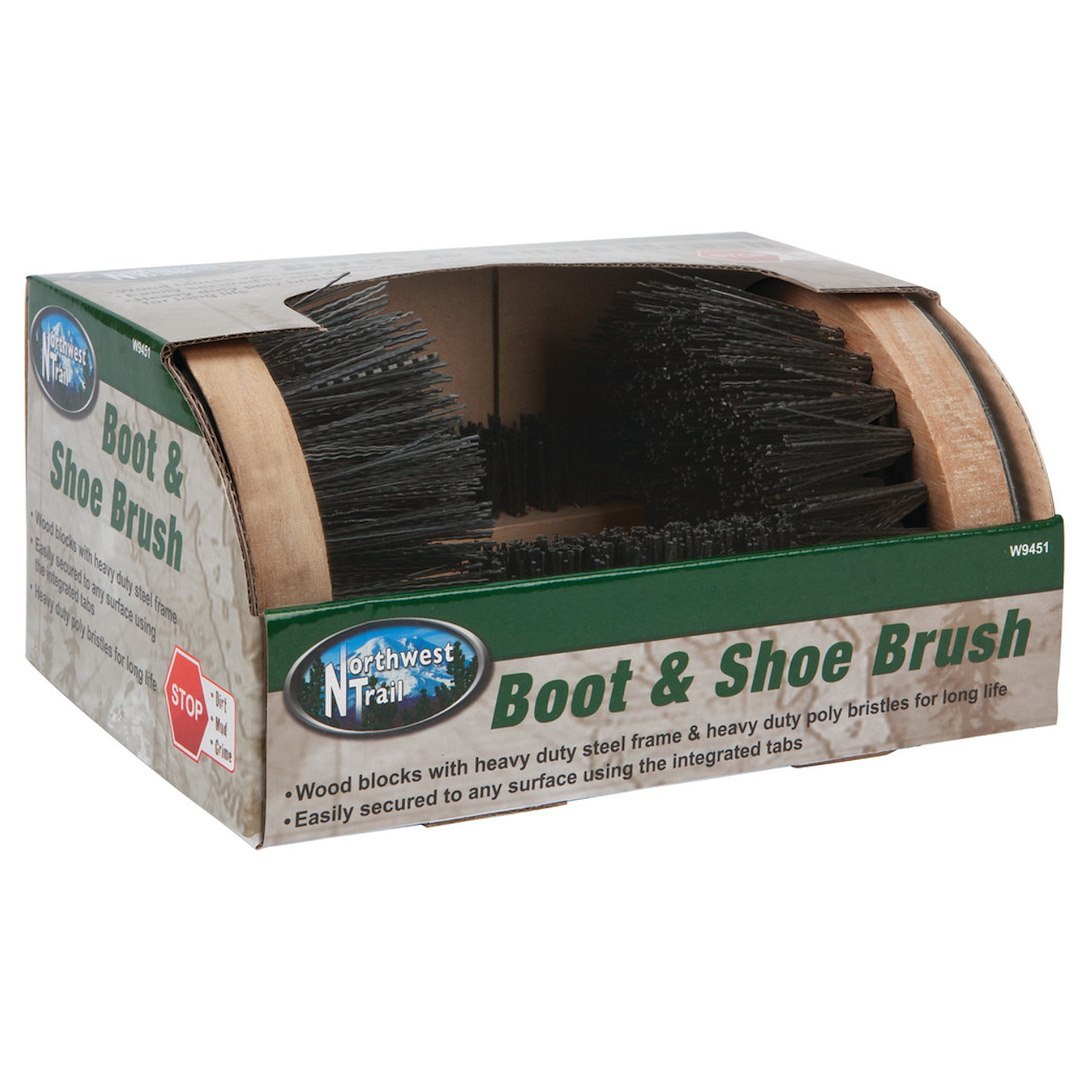 Performance Tool Boot Brush, Attaches to Any Surface, Brushes on Bottom and Sides, Wood Blocks with Heavy Duty Steel Frame, Poly Bristles – W9451