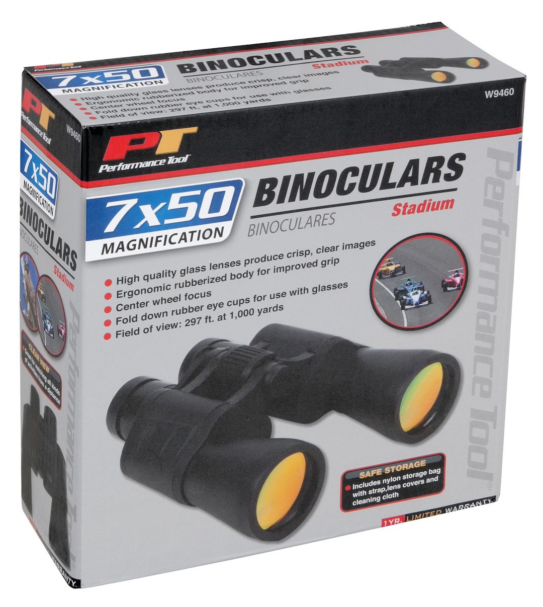 Performance Tool Binoculars, Stadium, 7X50 Magnification, 297 Foot Field of View at 1000 Yards, Without Night Vision, Black, Rubberized Body – W9460