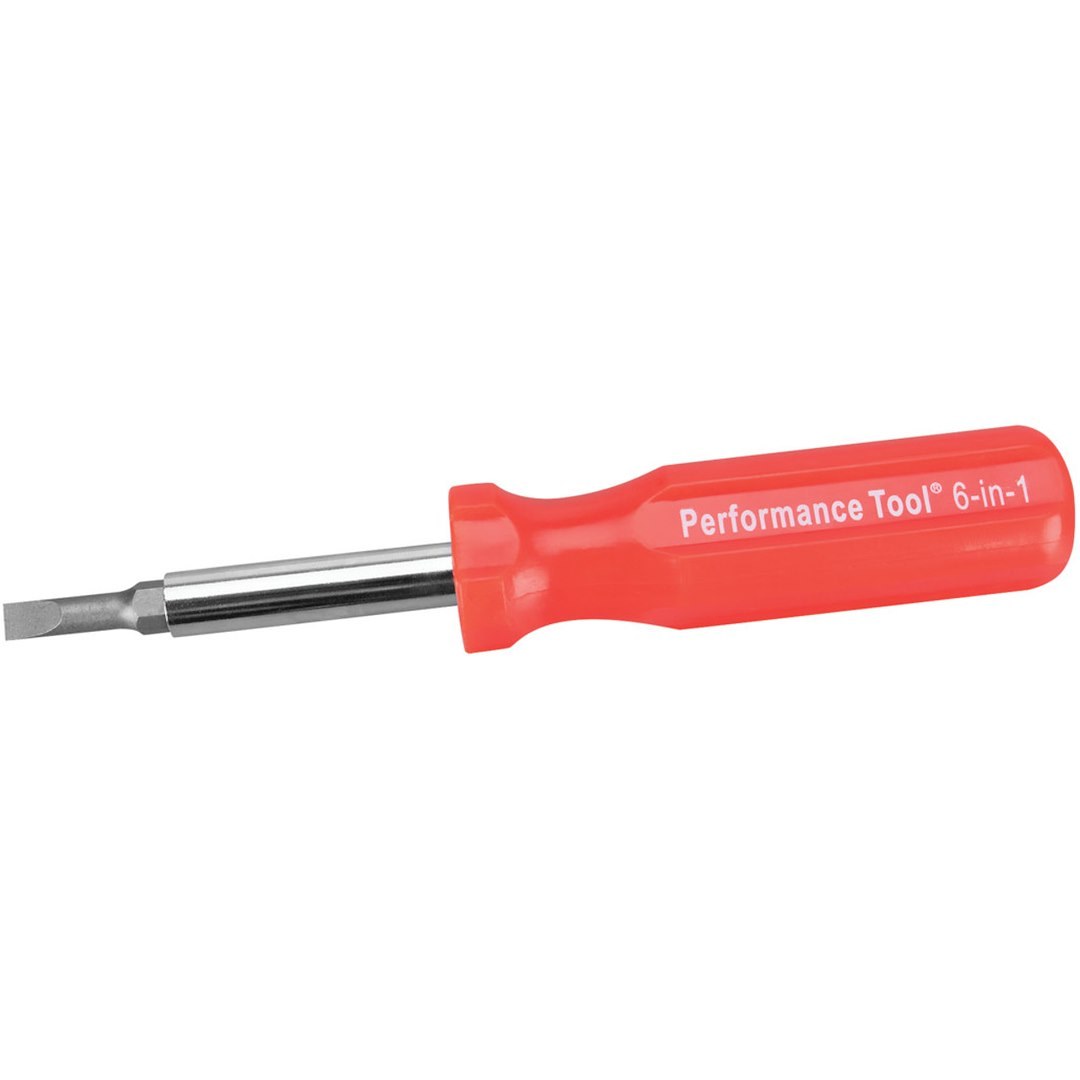 Performance Tool Screwdriver, 6-IN-1, #1/ #2 Phillips, 1/4 Inch/ 3/16 Inch Slotted, 1/4 Inch/ 5/16 Inch Nutdrivers – W975