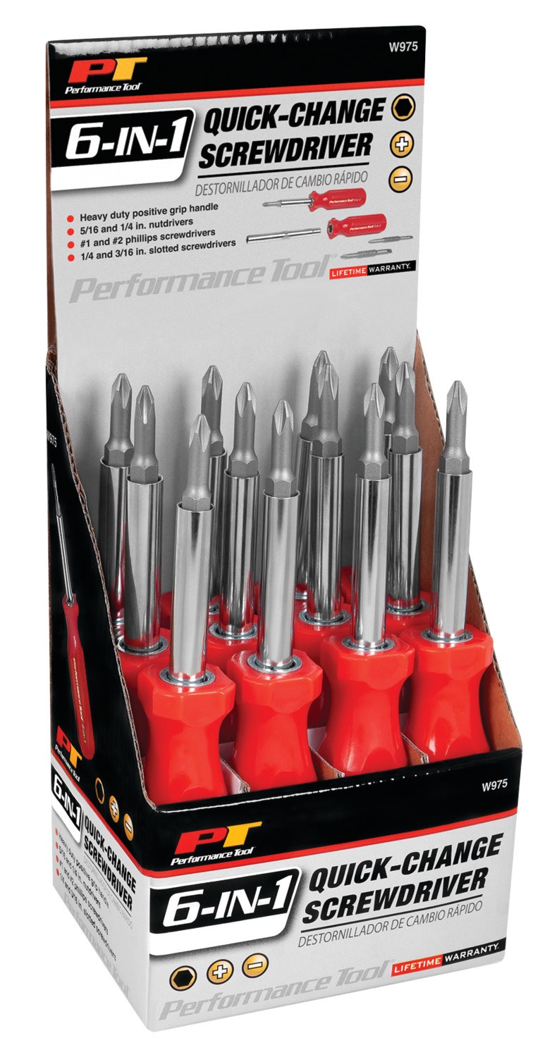 Performance Tool Screwdriver, 6-IN-1, #1/ #2 Phillips, 1/4 Inch/ 3/16 Inch Slotted, 1/4 Inch/ 5/16 Inch Nutdrivers – W975