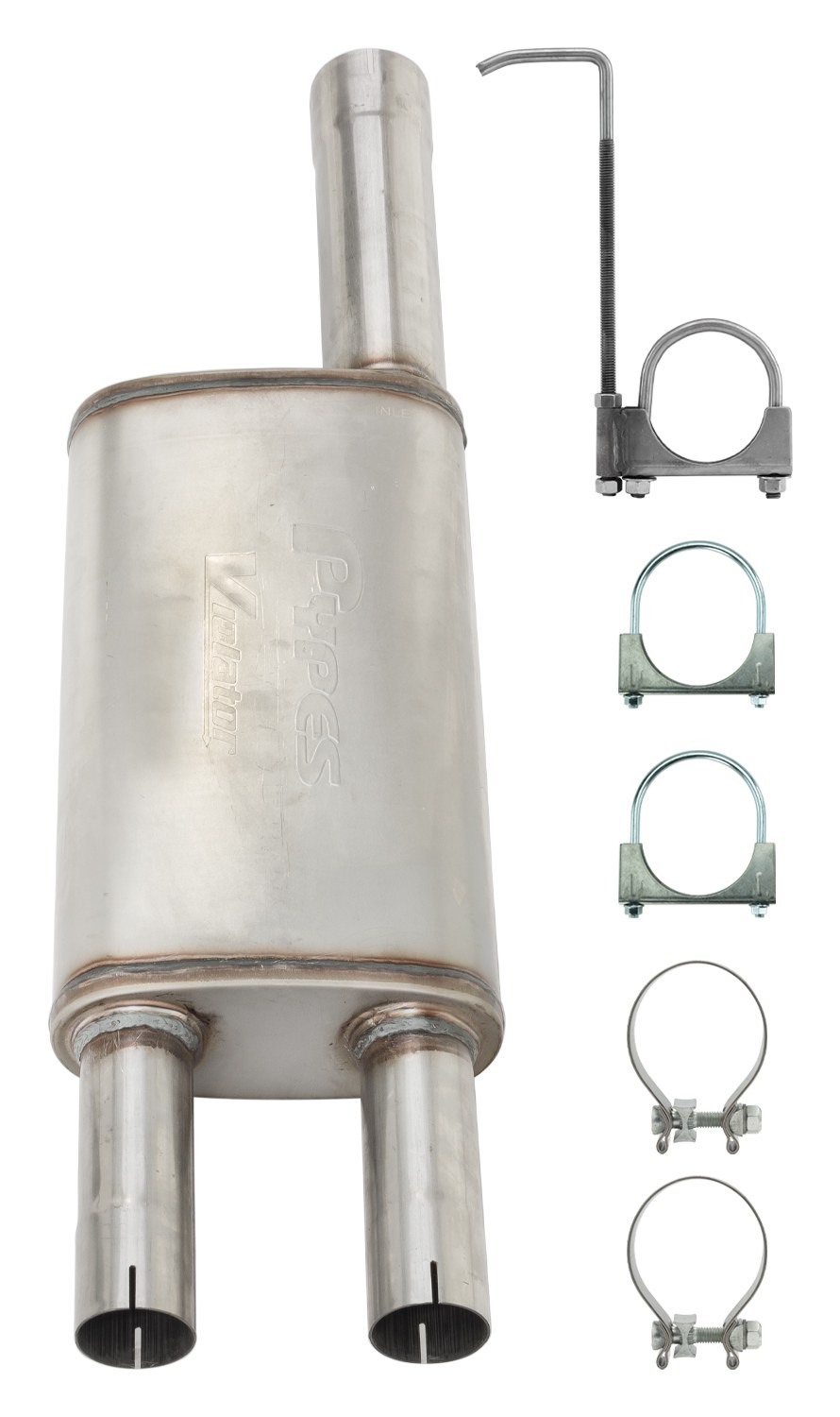 Pypes Exhaus Exhaust Muffler, Violator, 409 Stainless Steel Case, Single 3 Inch Diameter Offset Inlet, Dual 3 Inch Outlet – SDT21V