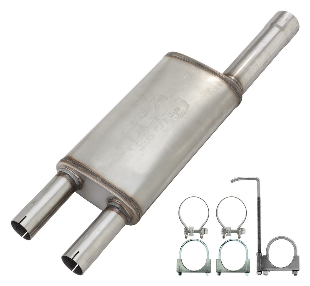 Pypes Exhaus Exhaust Muffler, Violator, 409 Stainless Steel Case, Single 3 Inch Diameter Offset Inlet, Dual 3 Inch Outlet – SDT21V