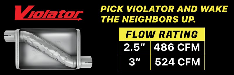 Pypes Exhaus Exhaust Muffler, Violator, 409 Stainless Steel Case, Single 3 Inch Diameter Offset Inlet, Dual 3 Inch Outlet – SDT21V