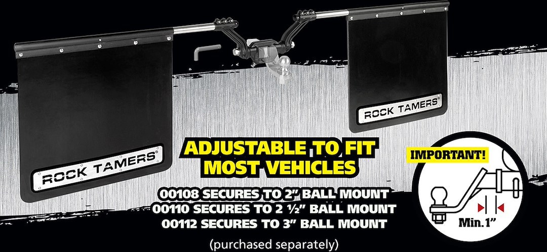 Rock Tamers Mud Flap, Cut-To-Fit 24 X 24 Inch, 2.5 Inch Receiver Mount System with 2 Mud Flaps, Flat, With Rock Tamers Logo – 00110