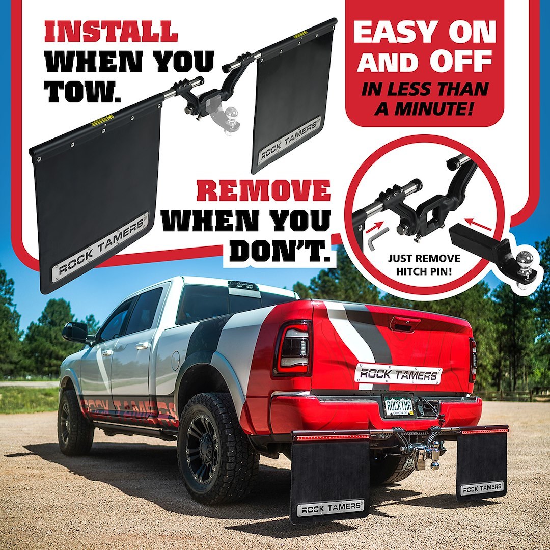 Rock Tamers Mud Flap, Cut-To-Fit 24 X 24 Inch, 2.5 Inch Receiver Mount System with 2 Mud Flaps, Flat, With Rock Tamers Logo – 00110