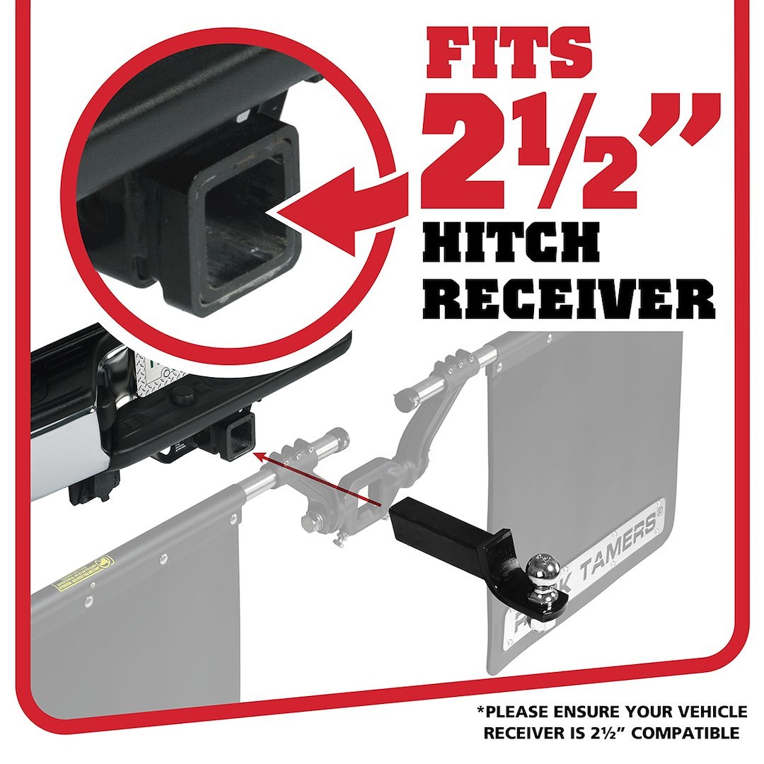 Rock Tamers Mud Flap, Cut-To-Fit 24 X 24 Inch, 2.5 Inch Receiver Mount System with 2 Mud Flaps, Flat, With Rock Tamers Logo – 00110