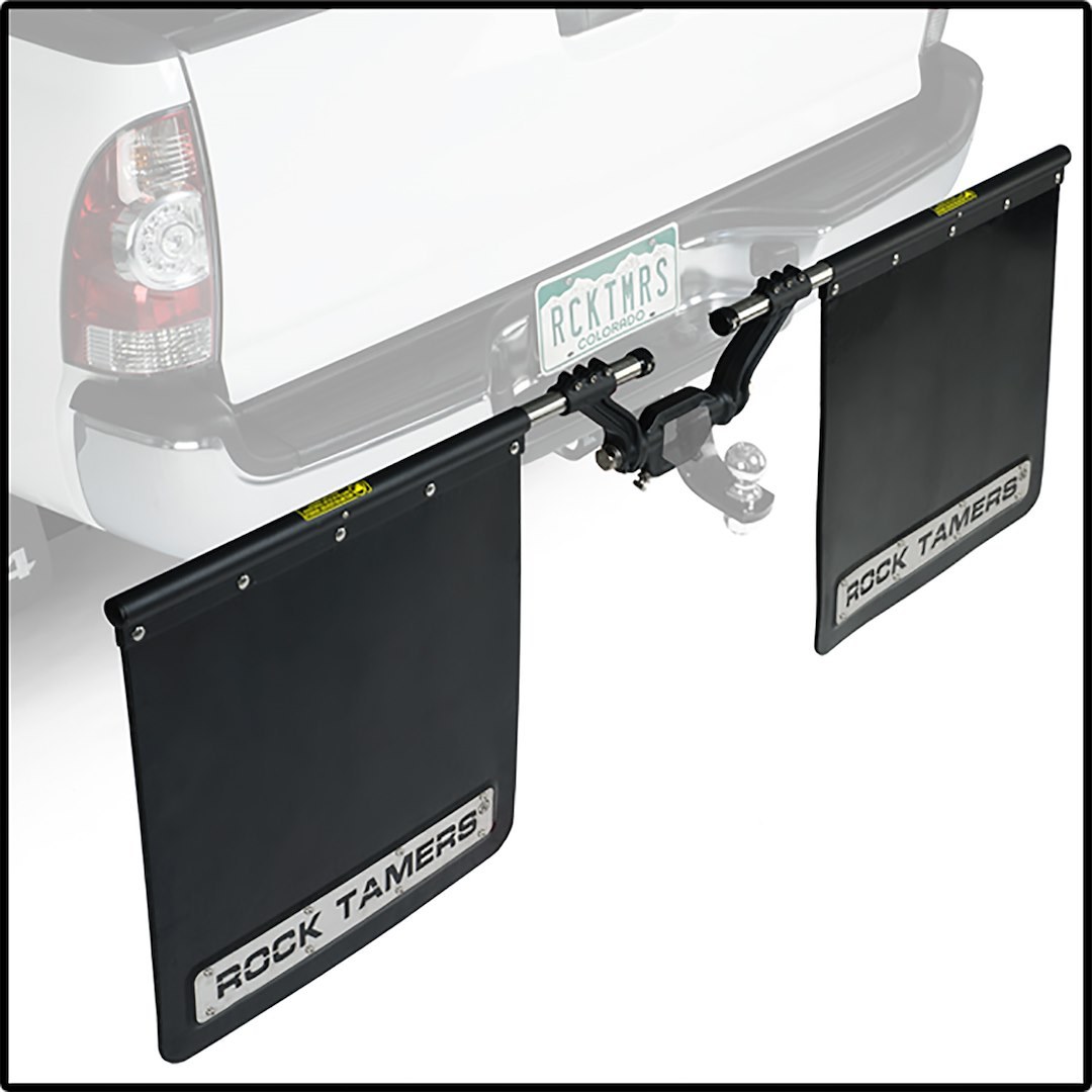 Rock Tamers Mud Flap, Cut-To-Fit 24 X 24 Inch, 3 Inch Receiver Mount System with 2 Mud Flaps, Flat, With Rock Tamers Logo, Matte Black – 00112