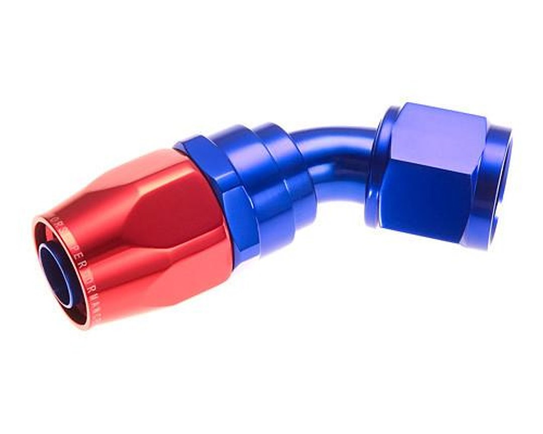 Redhorse Performance Hose End Fitting, 1045 Series, -6 AN Hose, -6 AN Outlet, 45 Degree, Anodized, Red/ Blue, Aluminum, Single – 1045-06-1