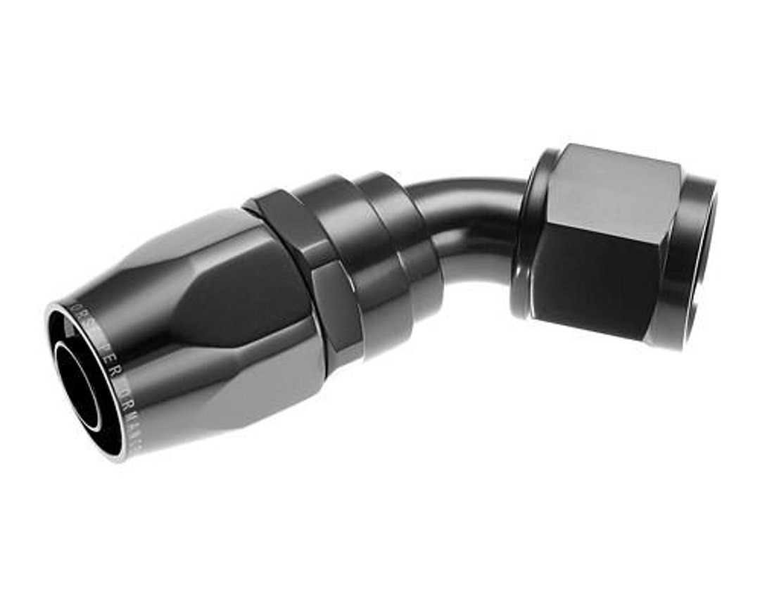 Redhorse Performance Hose End Fitting, 1045 Series, -6 AN Hose, -6 AN Outlet, 45 Degree, Anodized, Black, Aluminum, Single – 1045-06-2