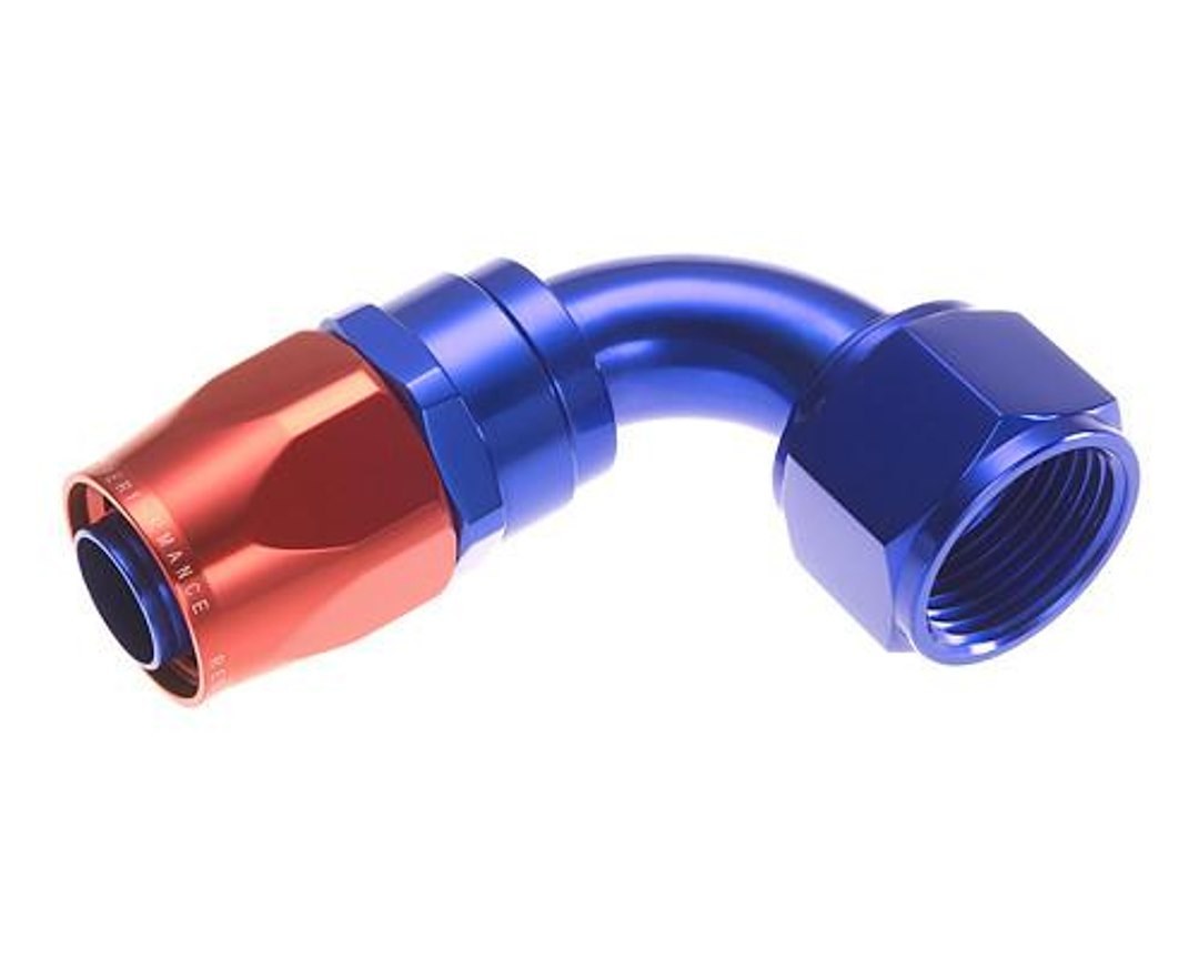 Redhorse Performance Hose End Fitting, 1090 Series, -16 AN Hose, -16 AN Outlet, 90 Degree, Anodized, Red/ Blue, Aluminum, Single – 1090-16-1