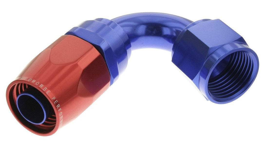 Redhorse Performance Hose End Fitting, 1120 Series, -6 AN Hose, -6 AN Outlet, 120 Degree, Anodized, Red/ Blue, Aluminum, Single – 1120-06-1