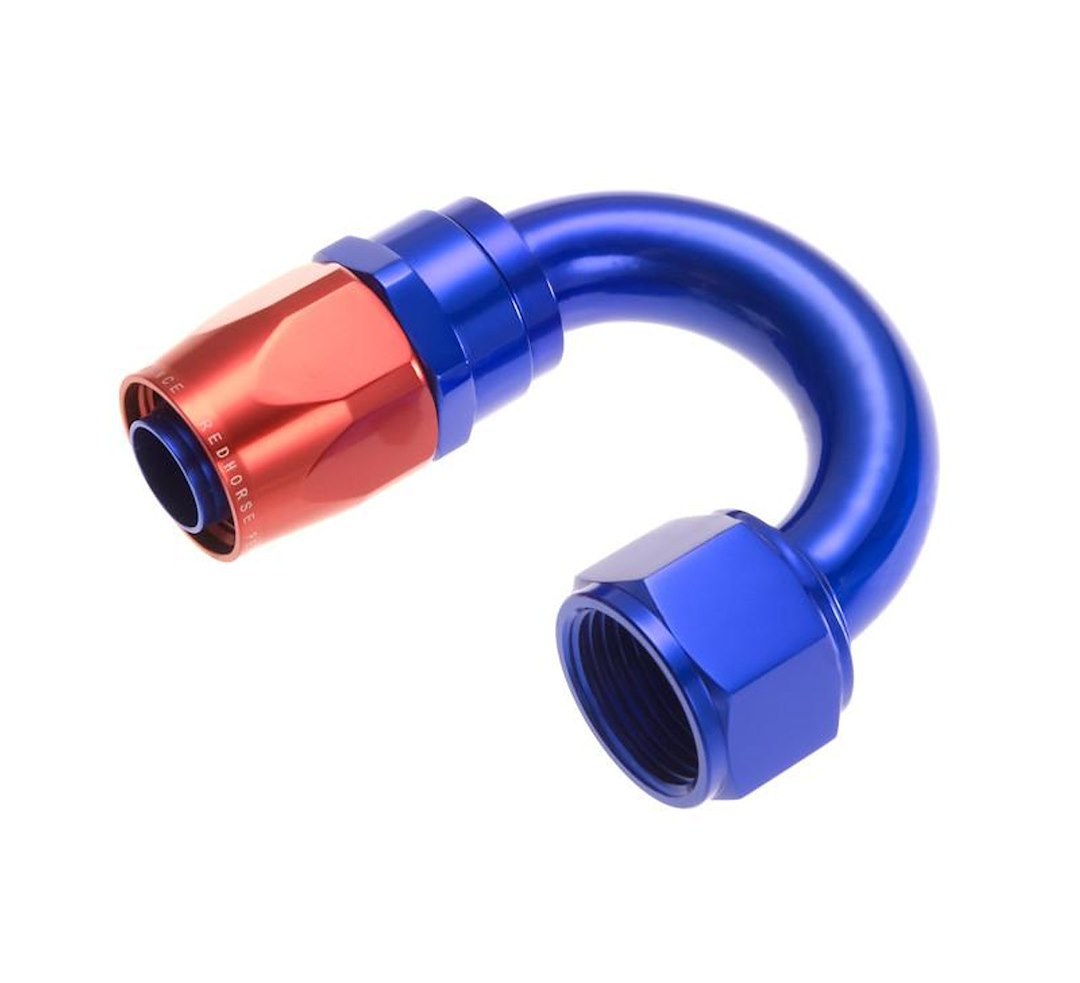 Redhorse Performance Hose End Fitting, 1180 Series, -8 AN Hose, -8 AN Outlet, 180 Degree, Anodized, Red/ Blue, Aluminum, Single – 1180-08-1