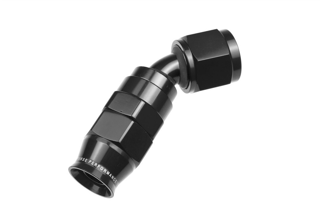 Redhorse Performance Hose End Fitting, 1245 Series, -6 AN Hose, -6 AN Outlet, 45 Degree, PTFE, Reusable, Anodized, Black, Aluminum, Single – 1245-06-2