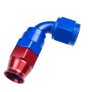 Redhorse Performance Hose End Fitting, 1290 Series, -8 AN Hose, -8 AN Outlet, 90 Degree, PTFE, Reusable, Anodized, Blue/ Red, Aluminum – 1290-08-1