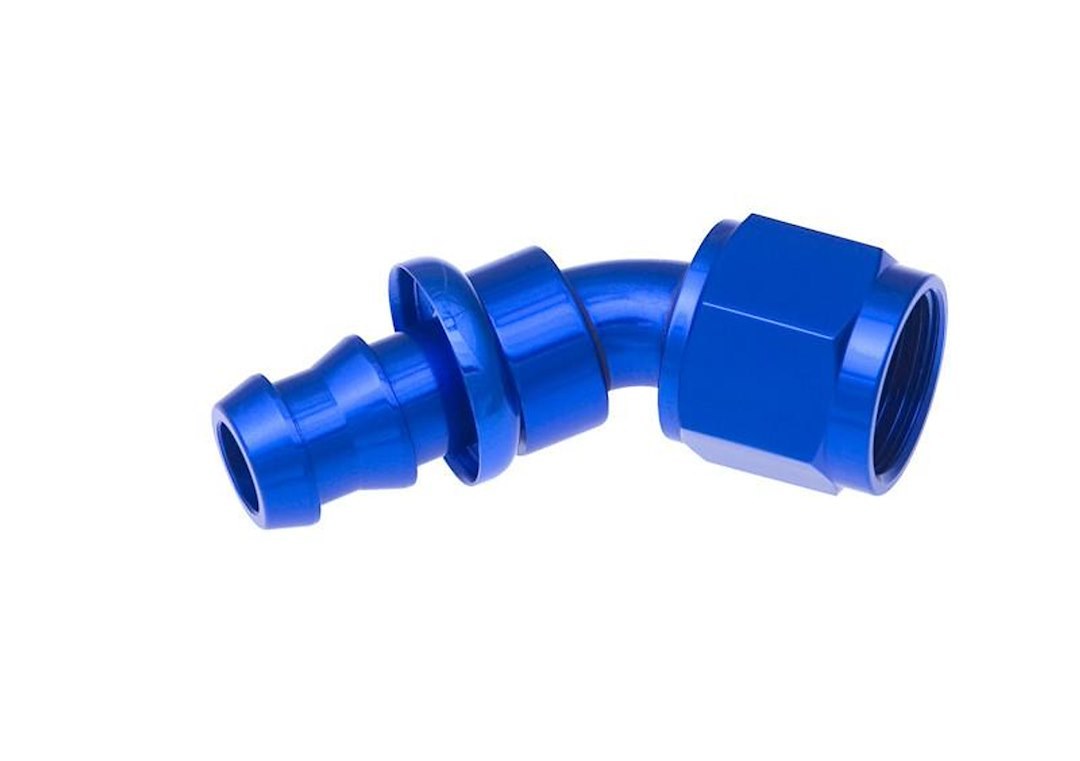Redhorse Performance Hose End Fitting, 2045 Series, 1/2 Inch Hose, -8 AN Outlet, 45 Degree, Anodized, Red/ Blue, Aluminum, Single – 2045-08-1