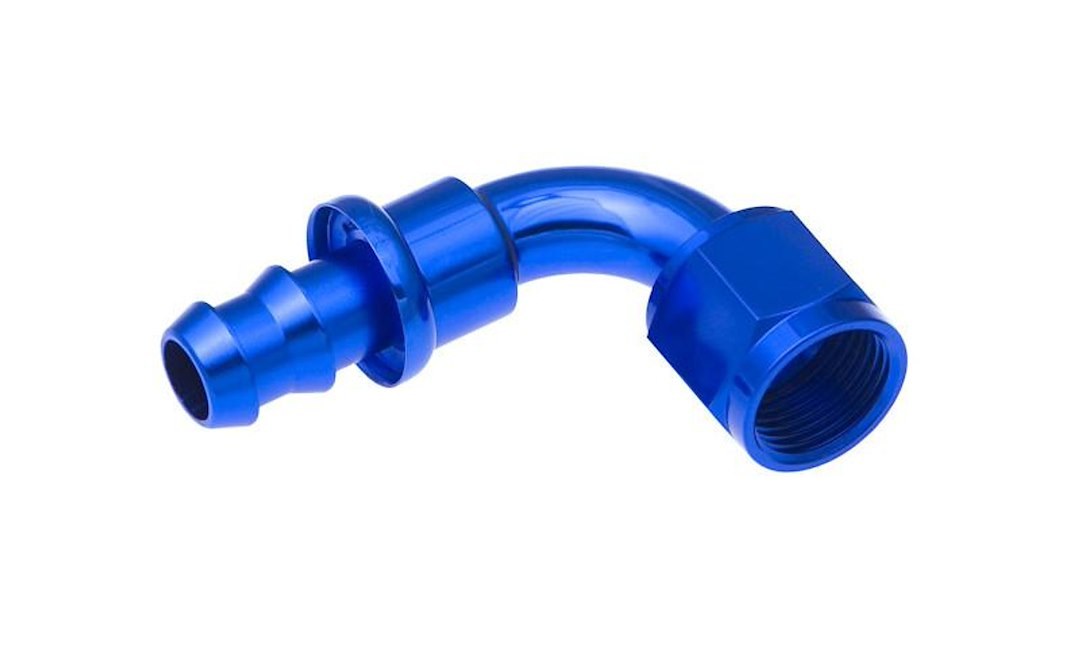 Redhorse Performance Hose End Fitting, 2090 Series, 1/2 Inch Hose, -8 AN Outlet, 90 Degree, Anodized, Red/ Blue, Aluminum, Single – 2090-08-1