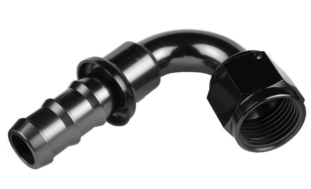 Redhorse Performance Hose End Fitting, 2120 Series, 3/8 Inch Hose, -6 AN Outlet, 120 Degree, Anodized, Black, Aluminum, Single – 2120-06-2