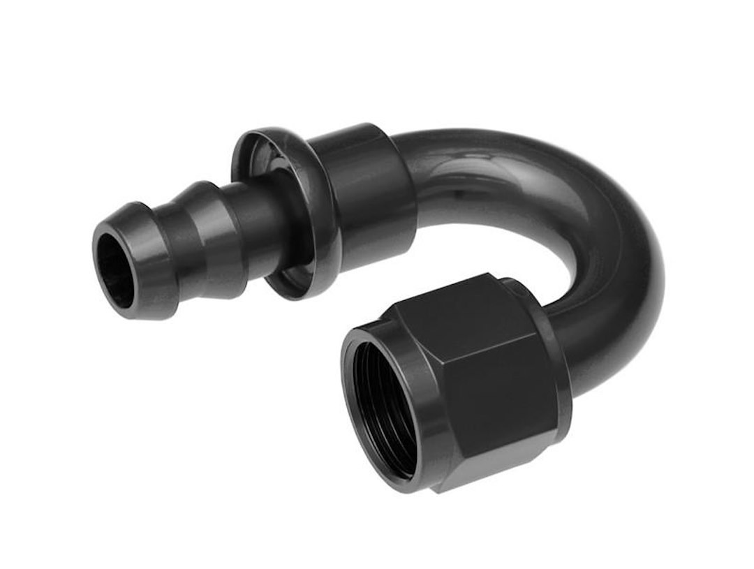 Redhorse Performance Hose End Fitting, 2180 Series, 3/8 Inch Hose, -6 AN Outlet, 180 Degree, Anodized, Black, Aluminum, Single – 2180-06-2