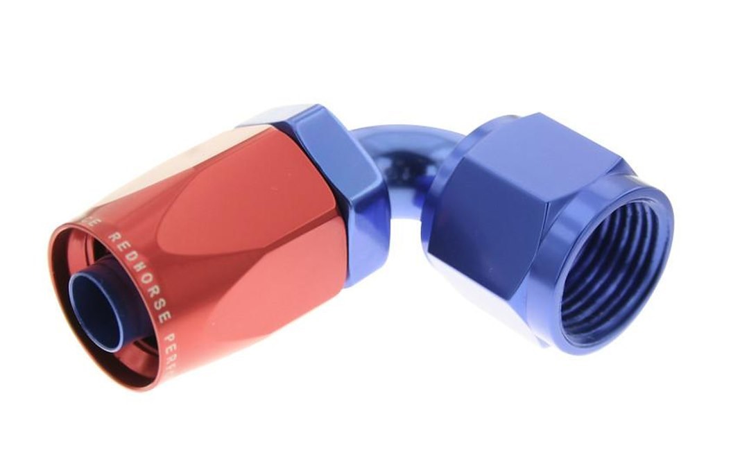 Redhorse Performance Hose End Fitting, 6090 Series, -6 AN Hose, -6 AN Outlet, 90 Degree, Anodized, Red/ Blue, Aluminum, Single – 6090-06-1