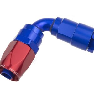 Redhorse Performance Coupler Fitting, 8090 Series, -6 AN Female to 3/8 Inch, 90 Degree SAE Quick Disconnect, Aluminum, Red/ Blue – 8090-06-06-1