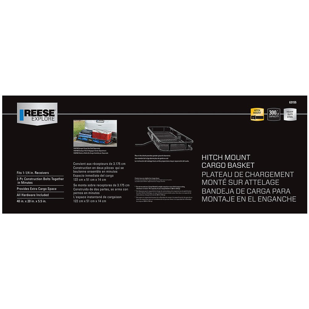 Reese Trailer Hitch Cargo Carrier, Mounts IN 1-1/4 Inch Receiver, 300 Pound Weight Capacity, 48 X 20 Inch, Mesh Rack, Non-Folding – 63155