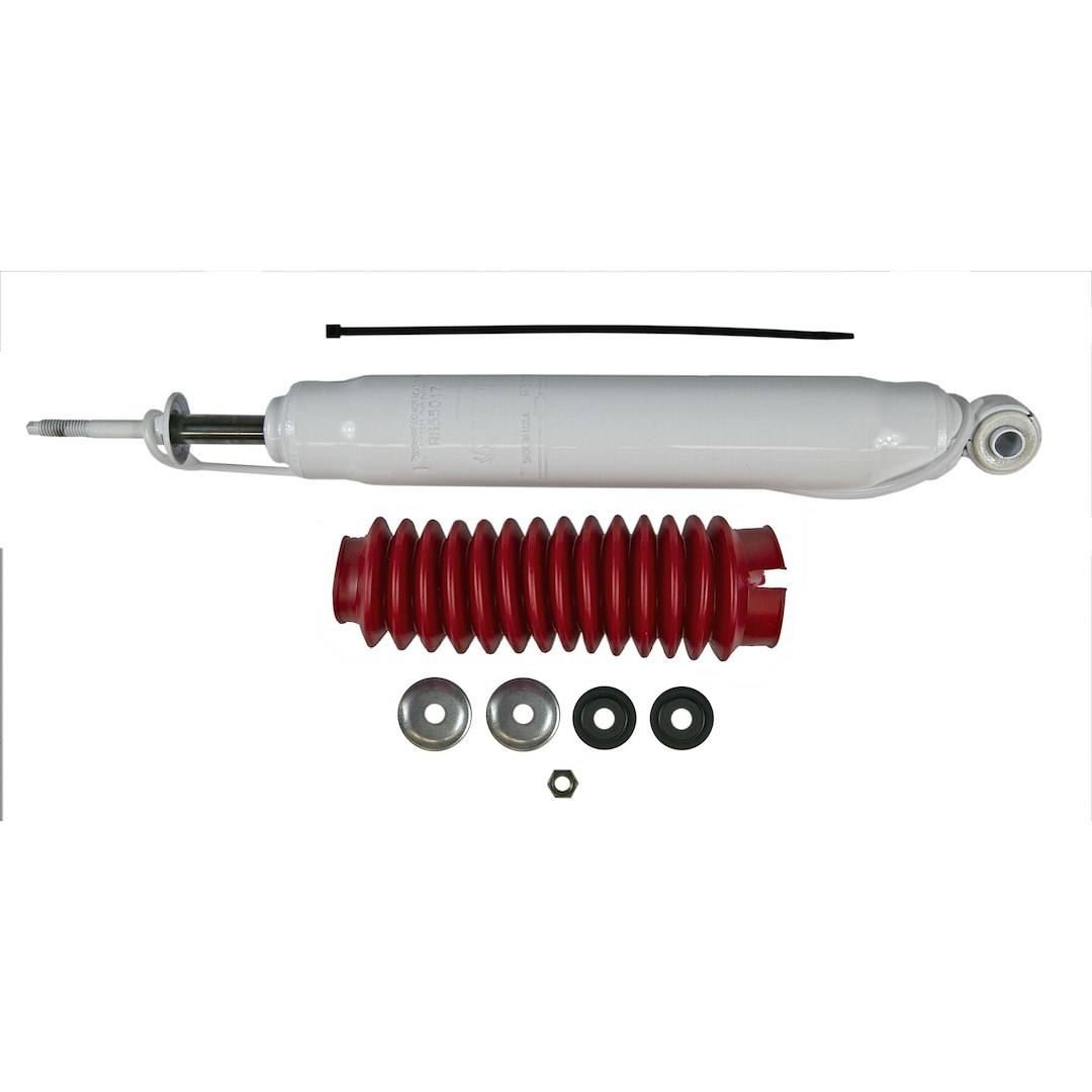 Rancho Shock Absorber, RS5000X, Nitrogen Gas Charged, Non Adjustable Valving, With Shock Boots, White Shock Body with Red Shock Boots – RS55017