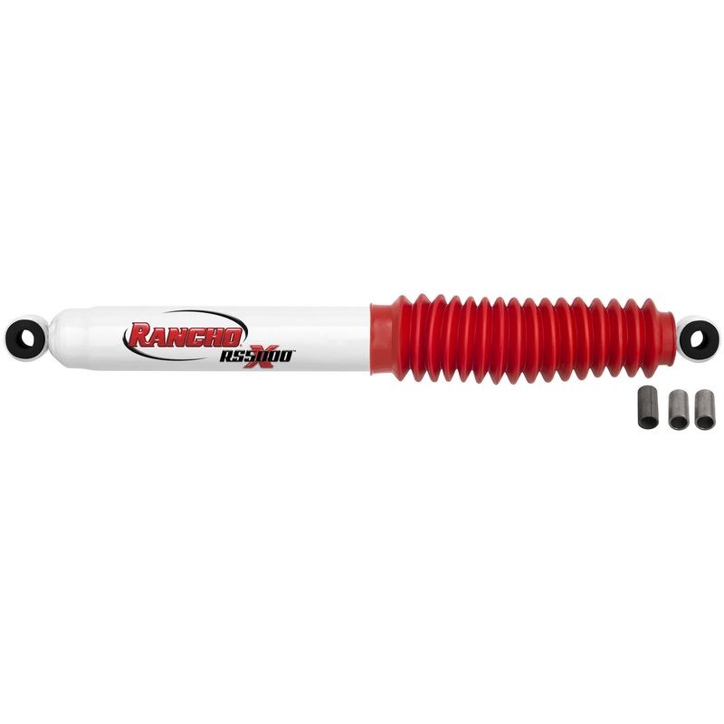 Rancho Shock Absorber, RS5000X, Nitrogen Gas Charged, Non Adjustable Valving, With Shock Boots, White Shock Body with Red Shock Boots – RS55119