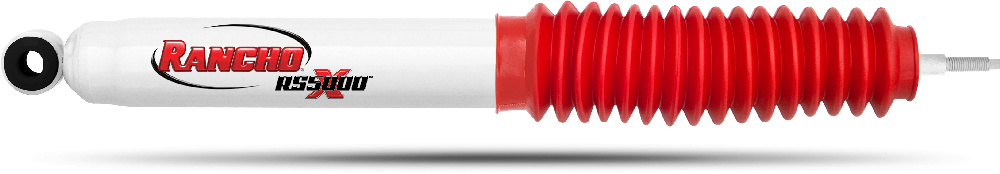 Rancho Shock Absorber, RS5000X, Nitrogen Gas Charged, Non Adjustable Valving, With Shock Boots, White Shock Body with Red Shock Boots – RS55187
