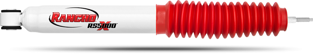 Rancho Shock Absorber, RS5000X, Nitrogen Gas Charged, Non Adjustable Valving, With Shock Boots, White Shock Body with Red Shock Boots – RS55195