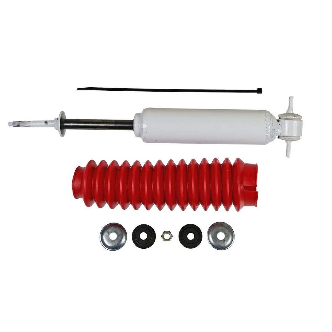 Rancho Shock Absorber, RS5000X, Nitrogen Gas Charged, Non Adjustable Valving, With Shock Boots, White Shock Body with Red Shock Boots – RS55199